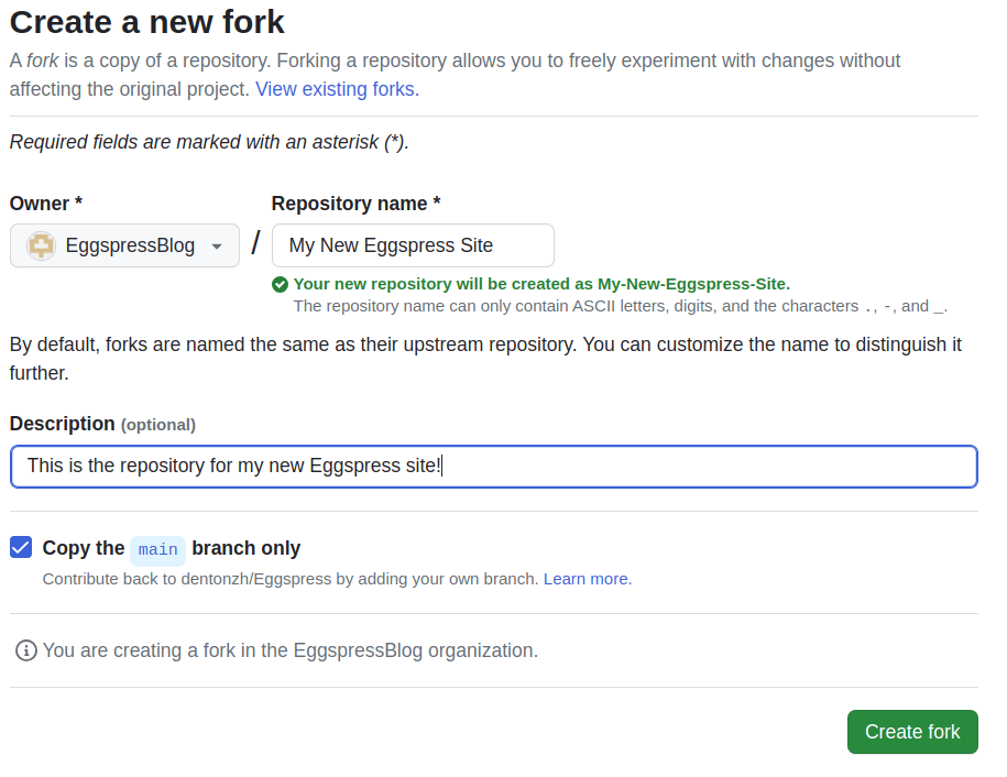 Screenshot of Github's New Fork page with the Create Fork button visible